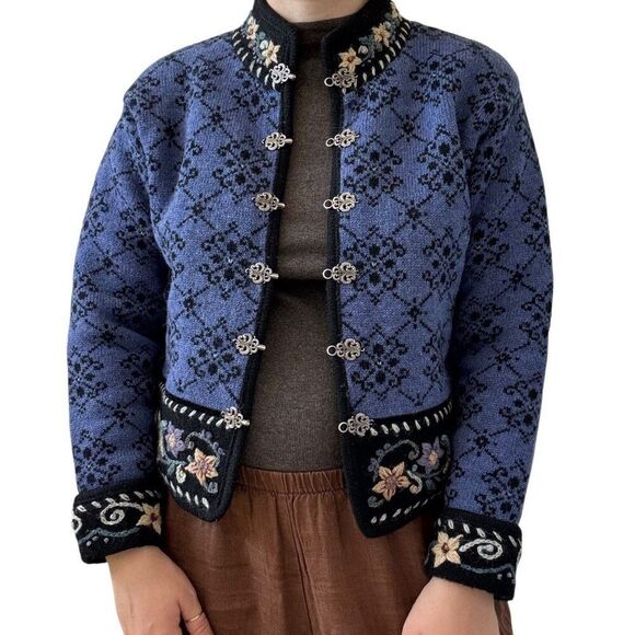 Vintage 1990s Icelandic Design Womens Blue 100% Wool Nordic Hippy Cardigan Sz S - Picture 3 of 6